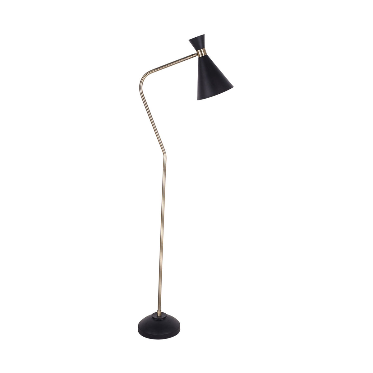 The Williams Trumpet Floor Lamp Black 168cm features an angled metal stand, a cone-shaped black and gold lampshade, and a round base, offering stylish illumination against a white background.