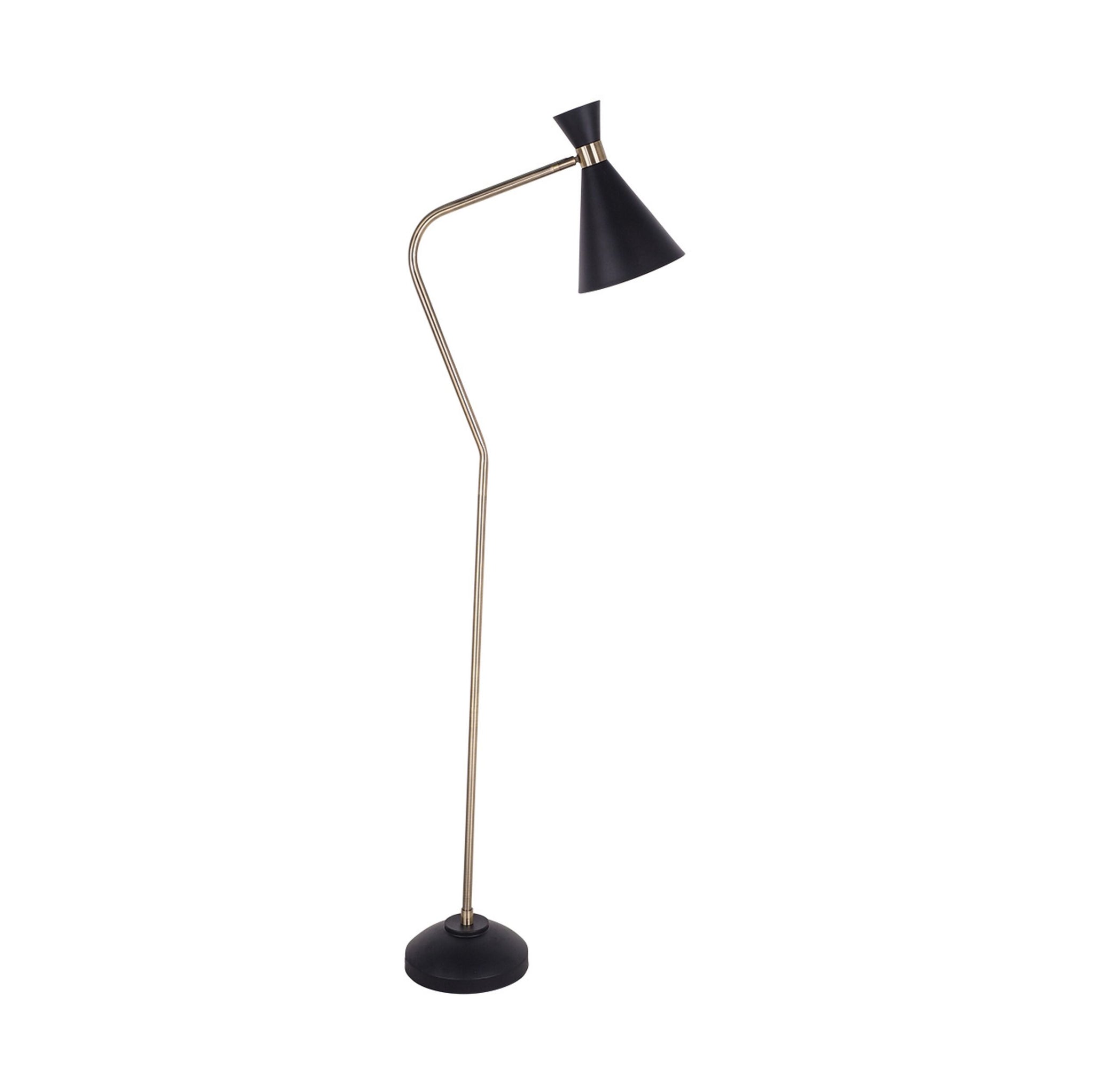 The Williams Trumpet Floor Lamp Black 168cm features an angled metal stand, a cone-shaped black and gold lampshade, and a round base, offering stylish illumination against a white background.