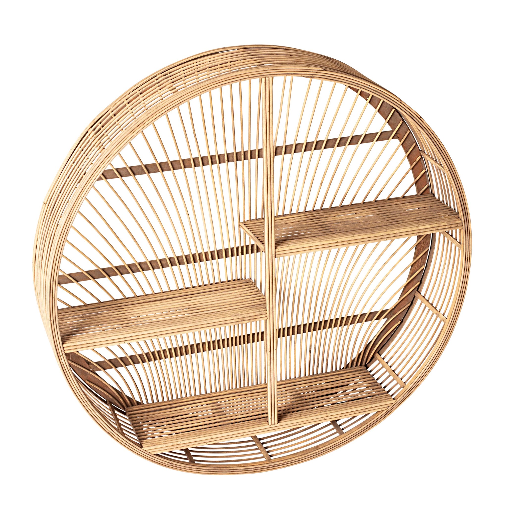A round rattan shelf with four shelves