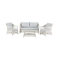 The Catalina 4 Pce Sofa Set includes an all-weather wicker two-seater sofa, two armchairs, and a rectangular coffee table. It features moisture-resistant light gray cushions and is elegantly displayed against a white background.