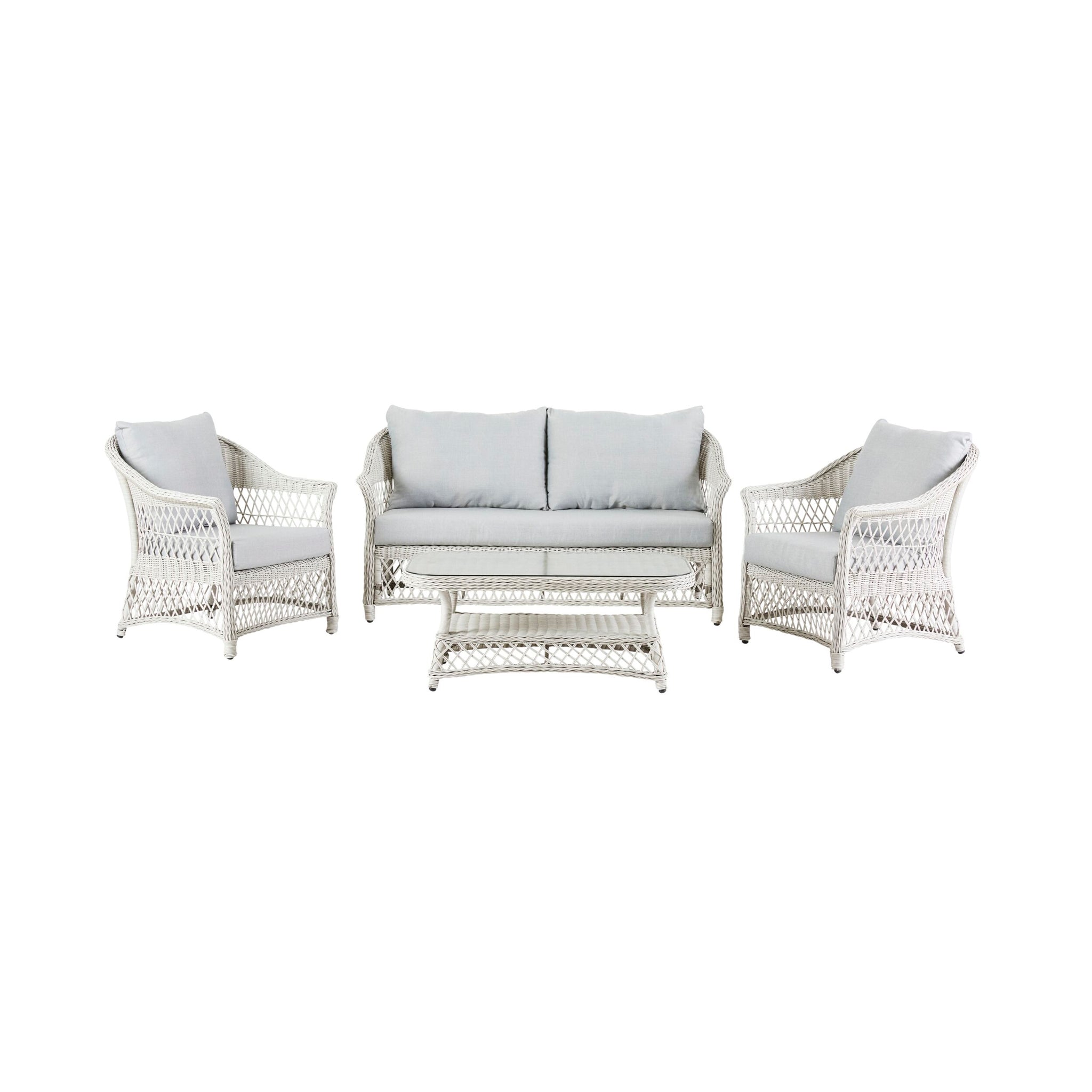 The Catalina 4 Pce Sofa Set includes an all-weather wicker two-seater sofa, two armchairs, and a rectangular coffee table. It features moisture-resistant light gray cushions and is elegantly displayed against a white background.