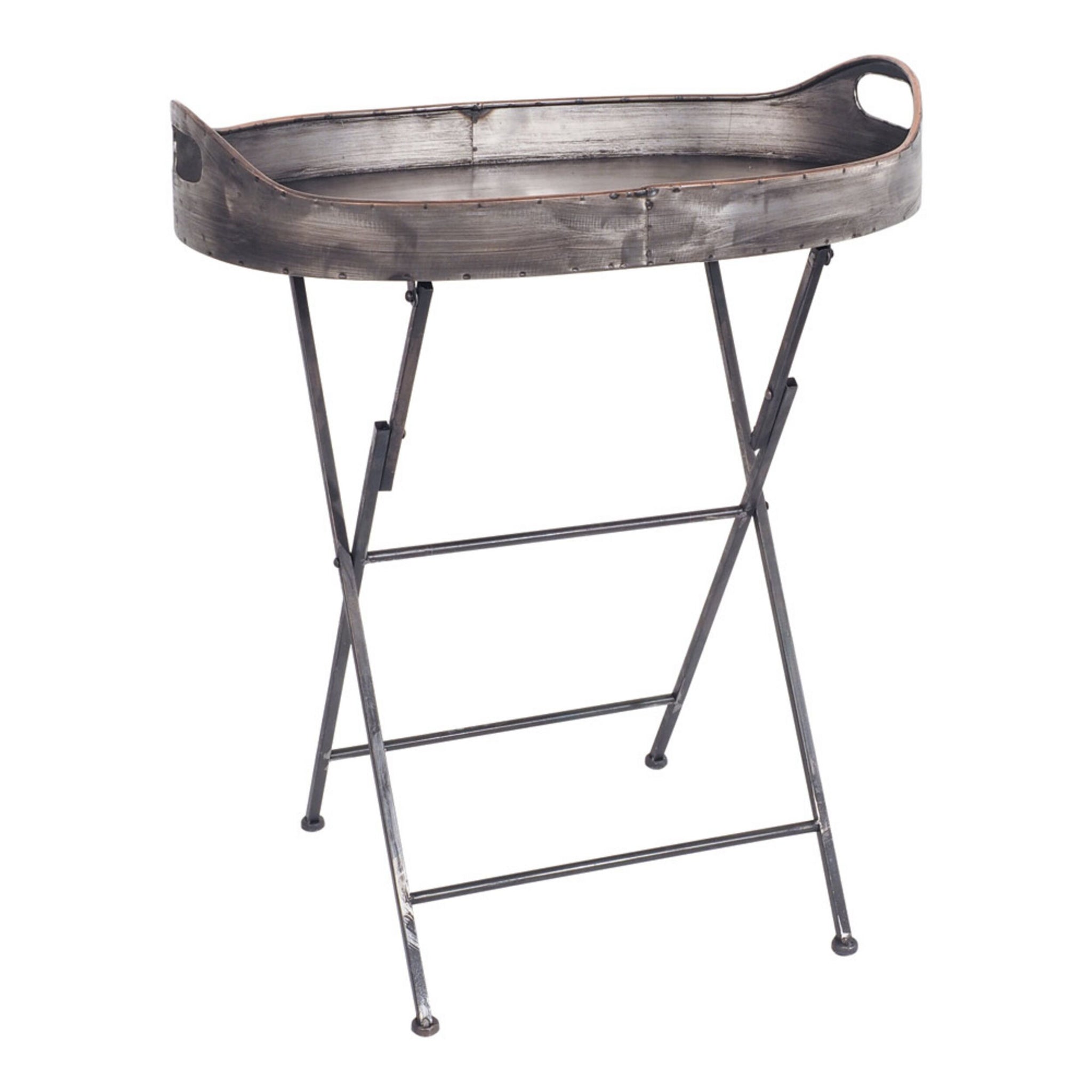 a black metal serving tray with a stand