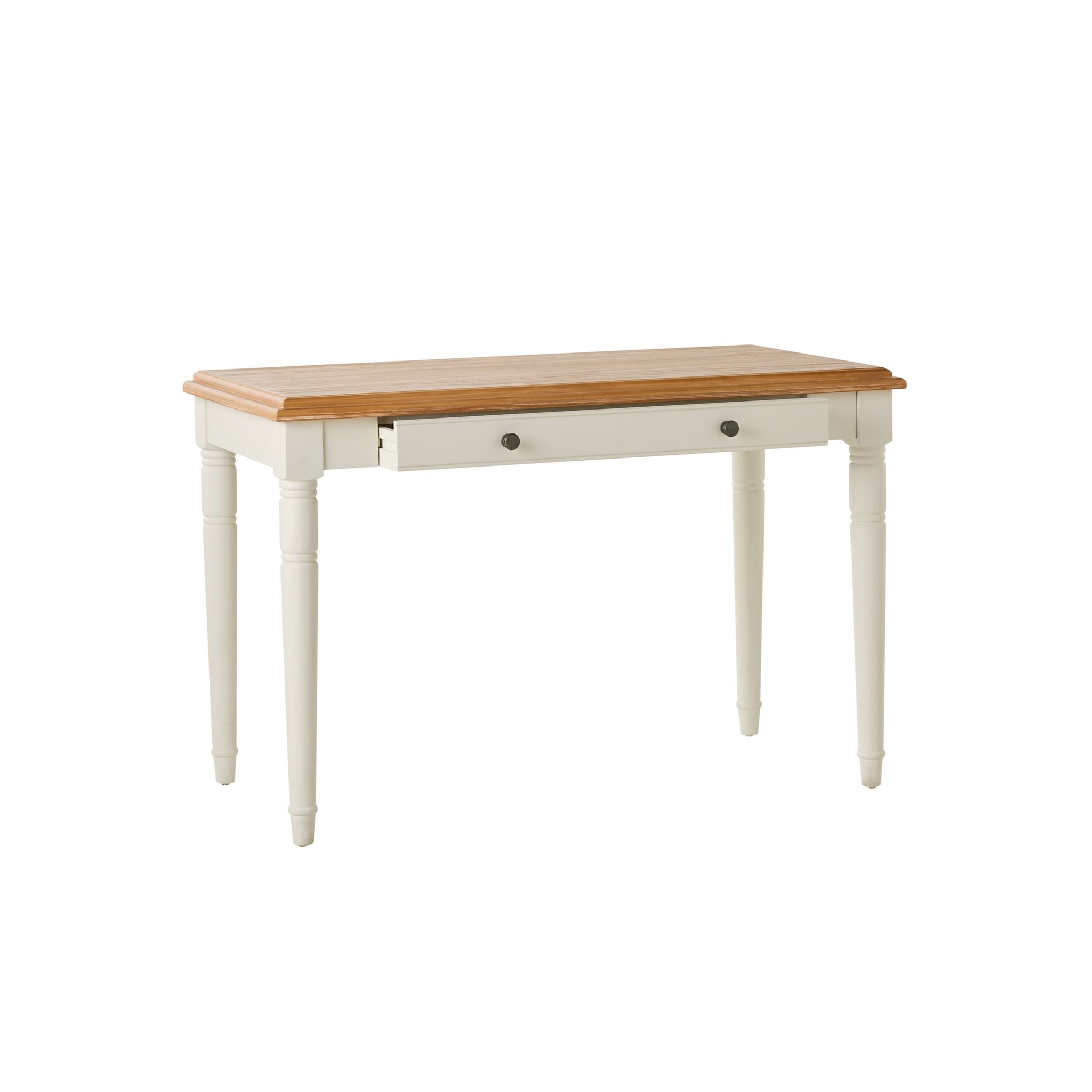 Cream vanity desk with wooden top and single central drawers, legs visible, isolated on white.