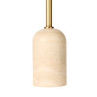 A cylindrical beige stone pendant light with a brass rod and matte finish—a perfect match for the minimalist style of the Siena Round Travertine Floor Lamp 155cm.