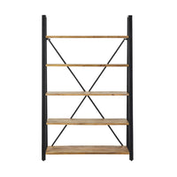 The Fulham Large Ladder Shelving Unit, measuring 193 x 121cm, features five mango wood shelves and a black steel frame with back crossbar supports, adding a contemporary edge to any room.