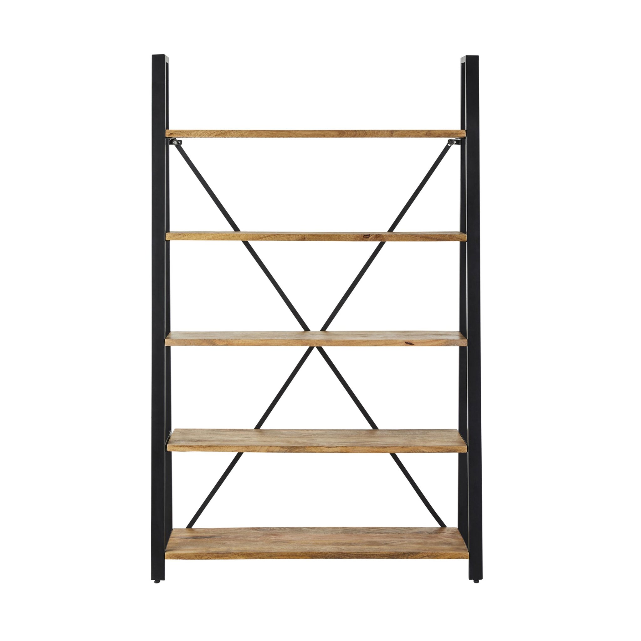 The Fulham Large Ladder Shelving Unit, measuring 193 x 121cm, features five mango wood shelves and a black steel frame with back crossbar supports, adding a contemporary edge to any room.