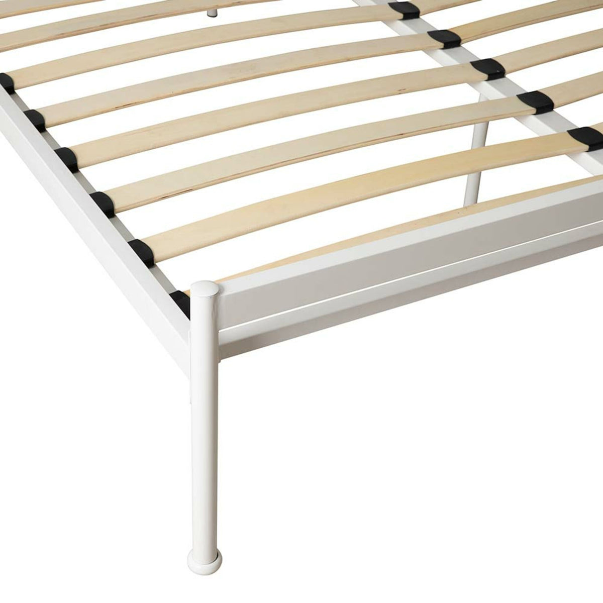 The Maya Queen Bed showcases elegant white metal legs and curved timber slats, visible from above. Its powder-coated finish ensures durability, adding a chic touch to this sturdy iron frame.
