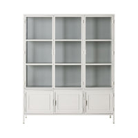 The Nero 6 Door Display Cabinet 135 x 40 x 160cm in White & Grey has a powder-coated finish, three upper glass doors, three lower panel doors, and three interior shelves for modern storage.