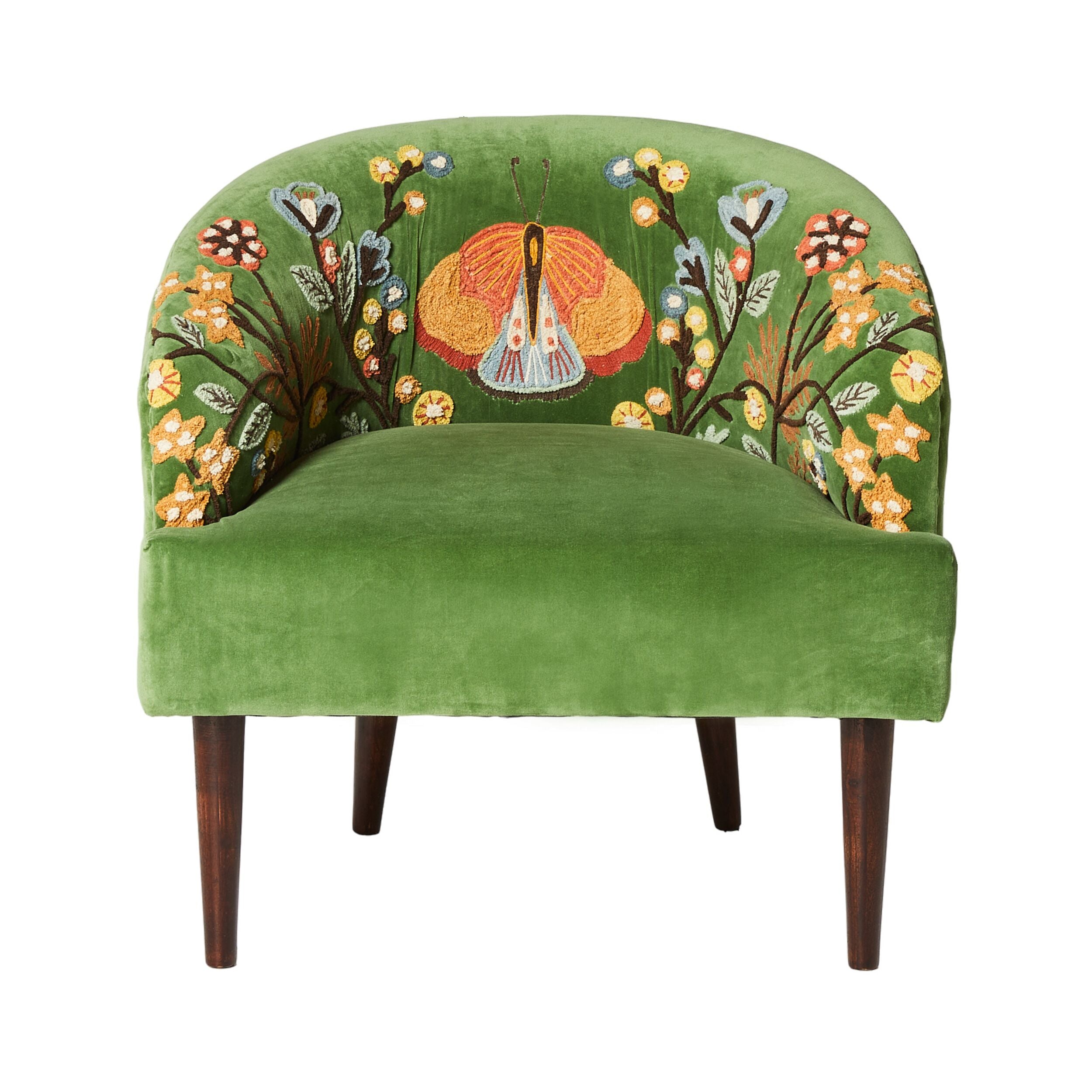 Freya Embroidered Occasional Chair Green Velvet