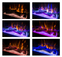A six-image grid displays the Nelson Electric Fireplace 61x34x130cm, featuring artificial logs and glowing embers in orange, blue, purple, pink, and mixed colors—ideal for enhancing the ambiance of a 3-sided fireplace.