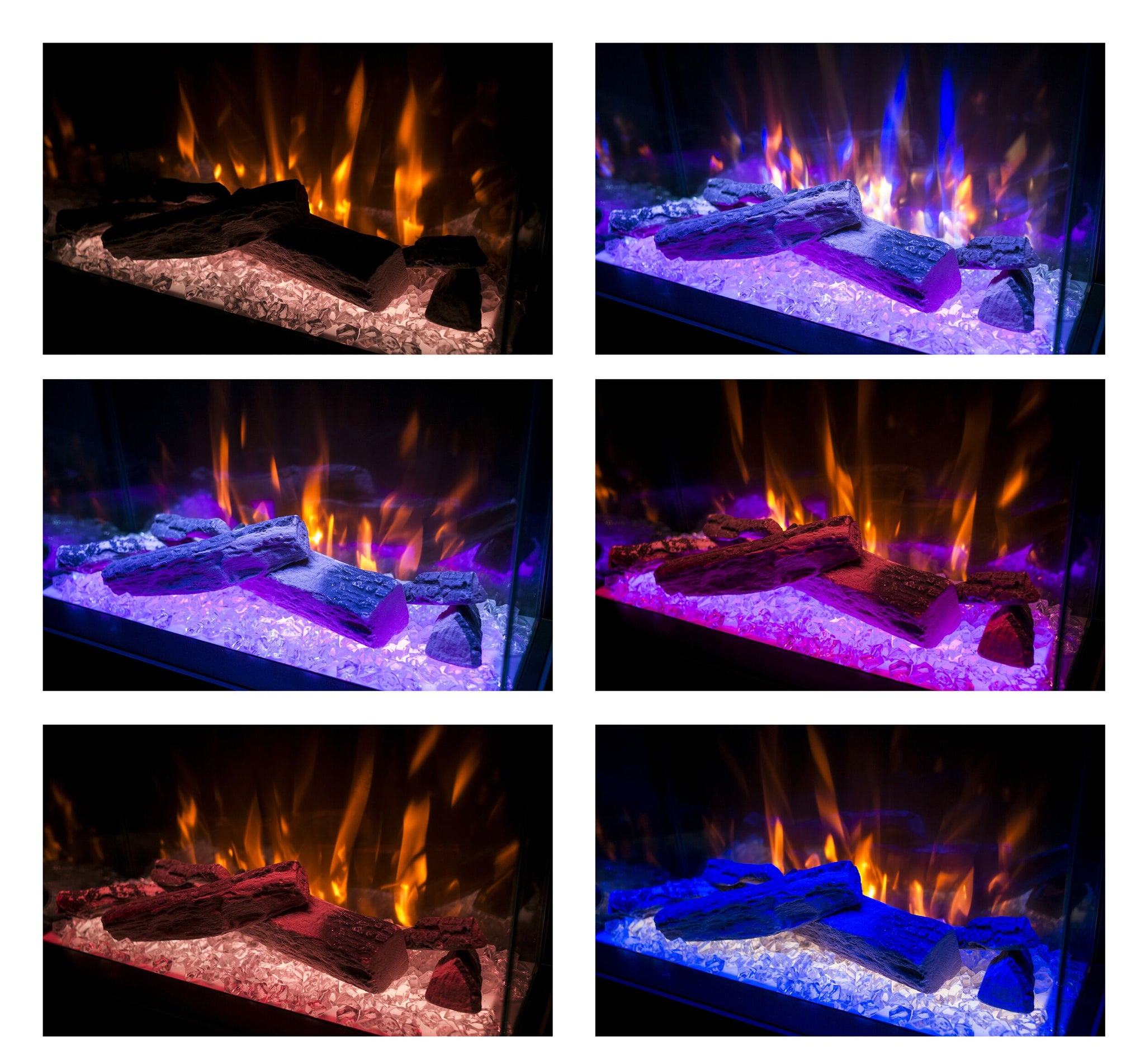A six-image grid displays the Nelson Electric Fireplace 61x34x130cm, featuring artificial logs and glowing embers in orange, blue, purple, pink, and mixed colors—ideal for enhancing the ambiance of a 3-sided fireplace.