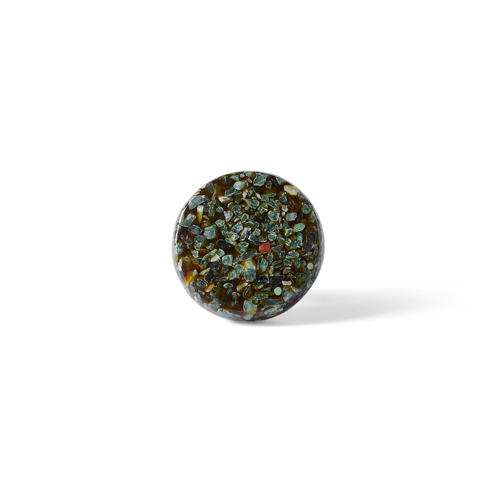 The Speckle Emerald Knob 4.5cm features a round terrazzo design with a textured green and brown speckled surface, shown against a plain white background with a subtle shadow on the right.