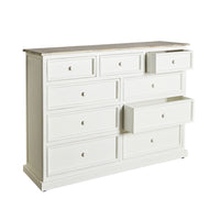 The Maldon 9 Drawer Chest, crafted from white acacia timber, exudes Hamptons style with nine drawers—three partially open—displayed on a plain white background.