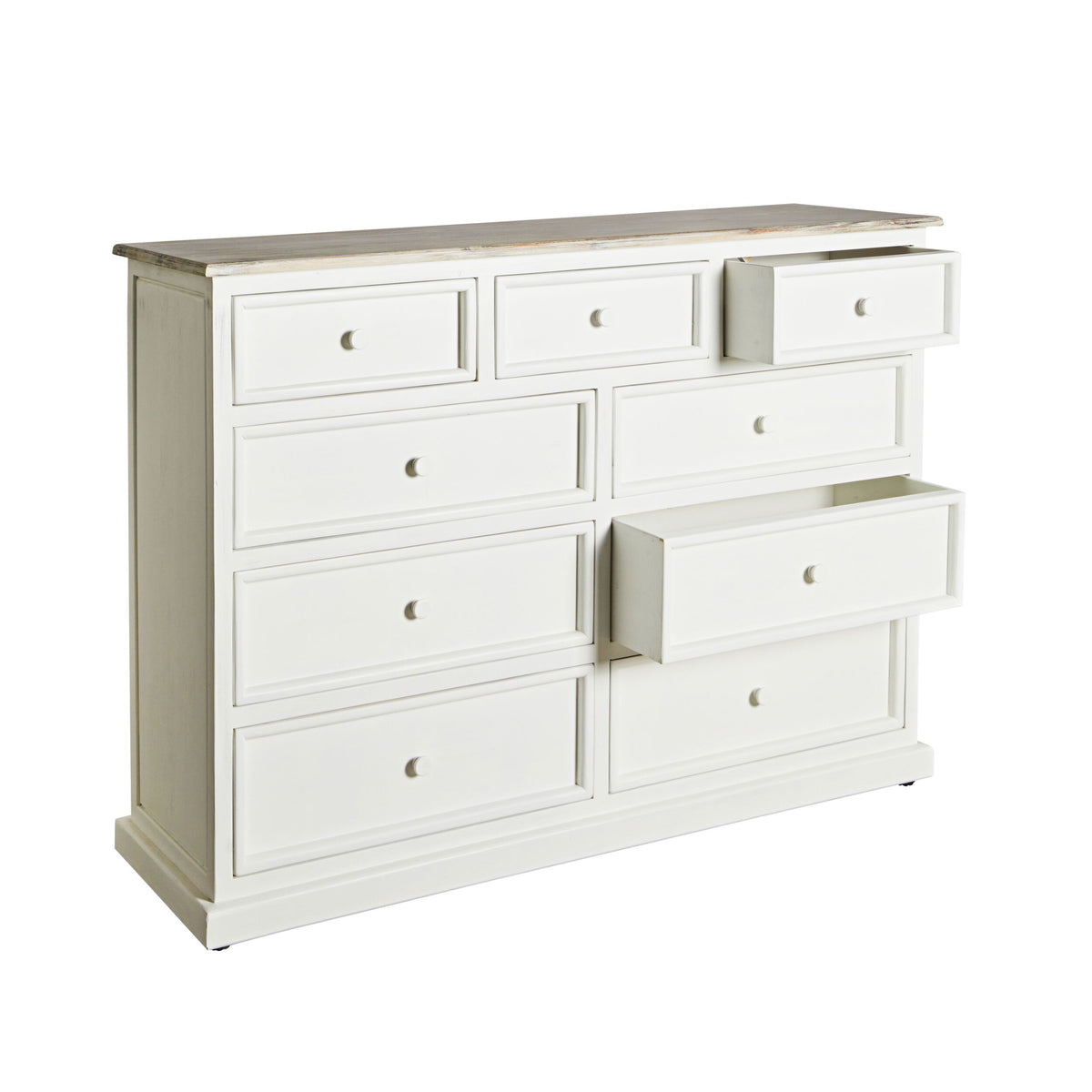 The Maldon 9 Drawer Chest, crafted from white acacia timber, exudes Hamptons style with nine drawers—three partially open—displayed on a plain white background.