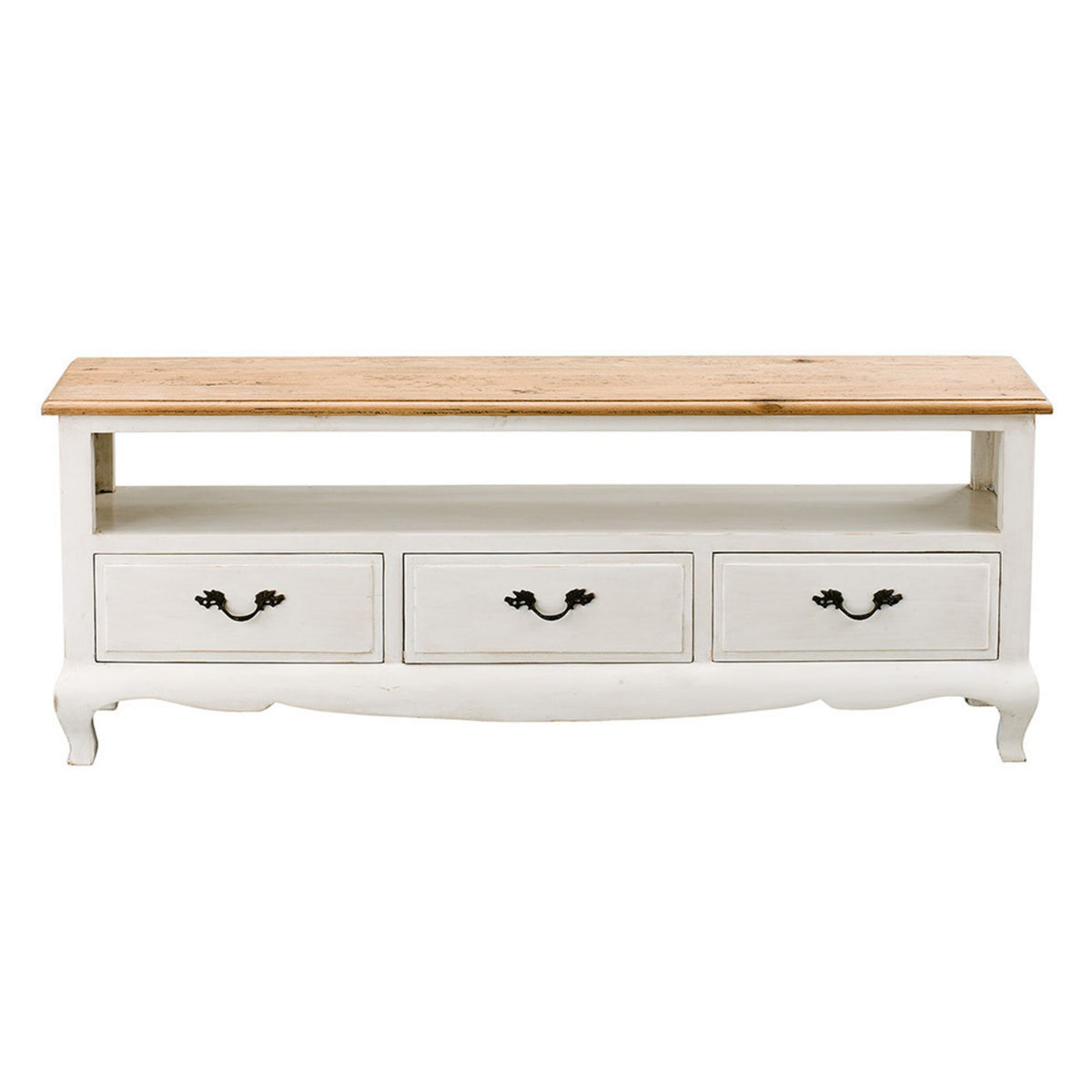 The Provincial Oak 3 Drawer TV Unit Distressed White features a light brown solid oak top, a white body, three drawers with black handles, cabriole legs, and an open shelf above the drawers.