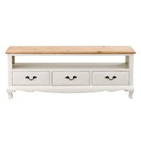The Provincial Oak 3 Drawer TV Unit Distressed White features a light brown solid oak top, a white body, three drawers with black handles, cabriole legs, and an open shelf above the drawers.