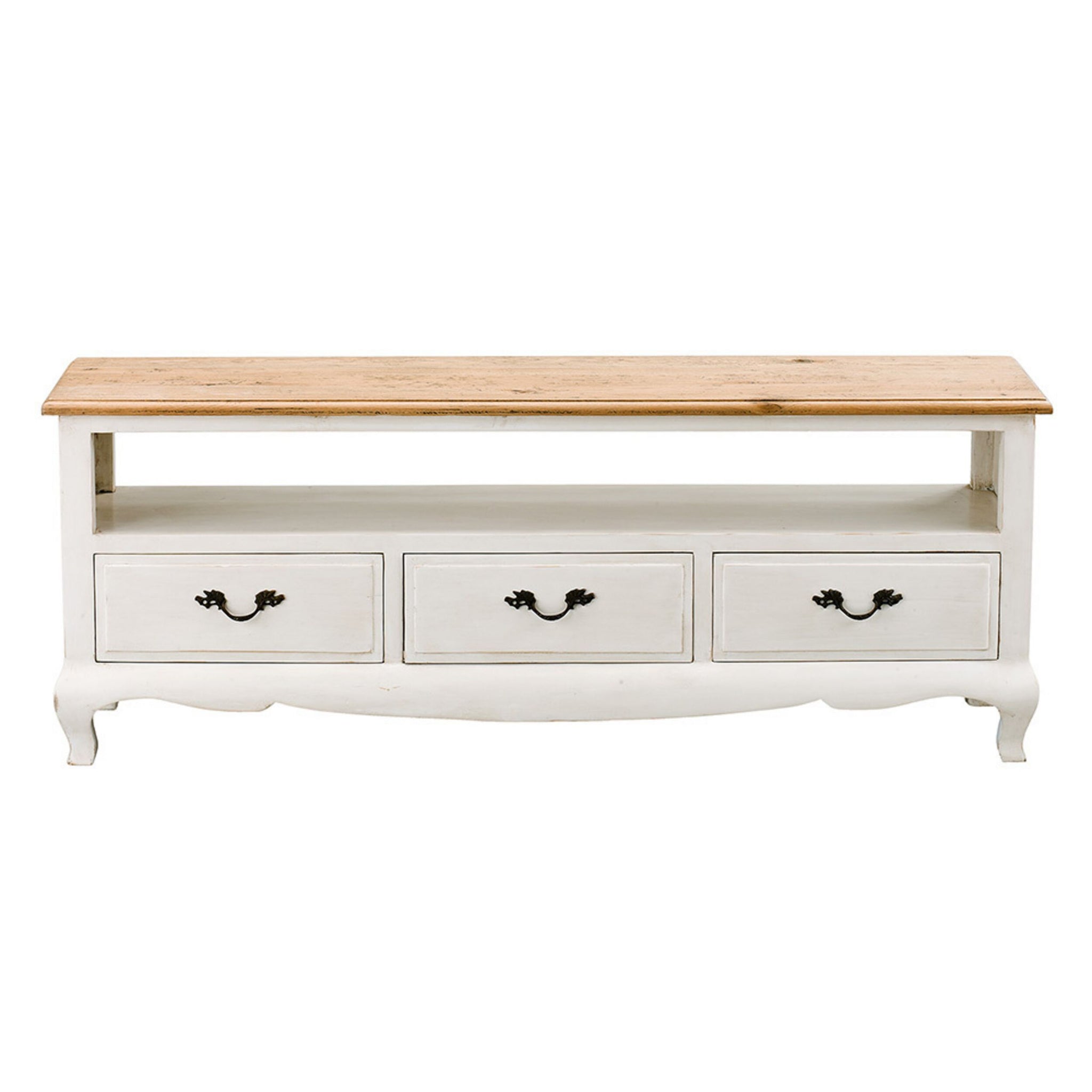 The Provincial Oak 3 Drawer TV Unit Distressed White features a light brown solid oak top, a white body, three drawers with black handles, cabriole legs, and an open shelf above the drawers.