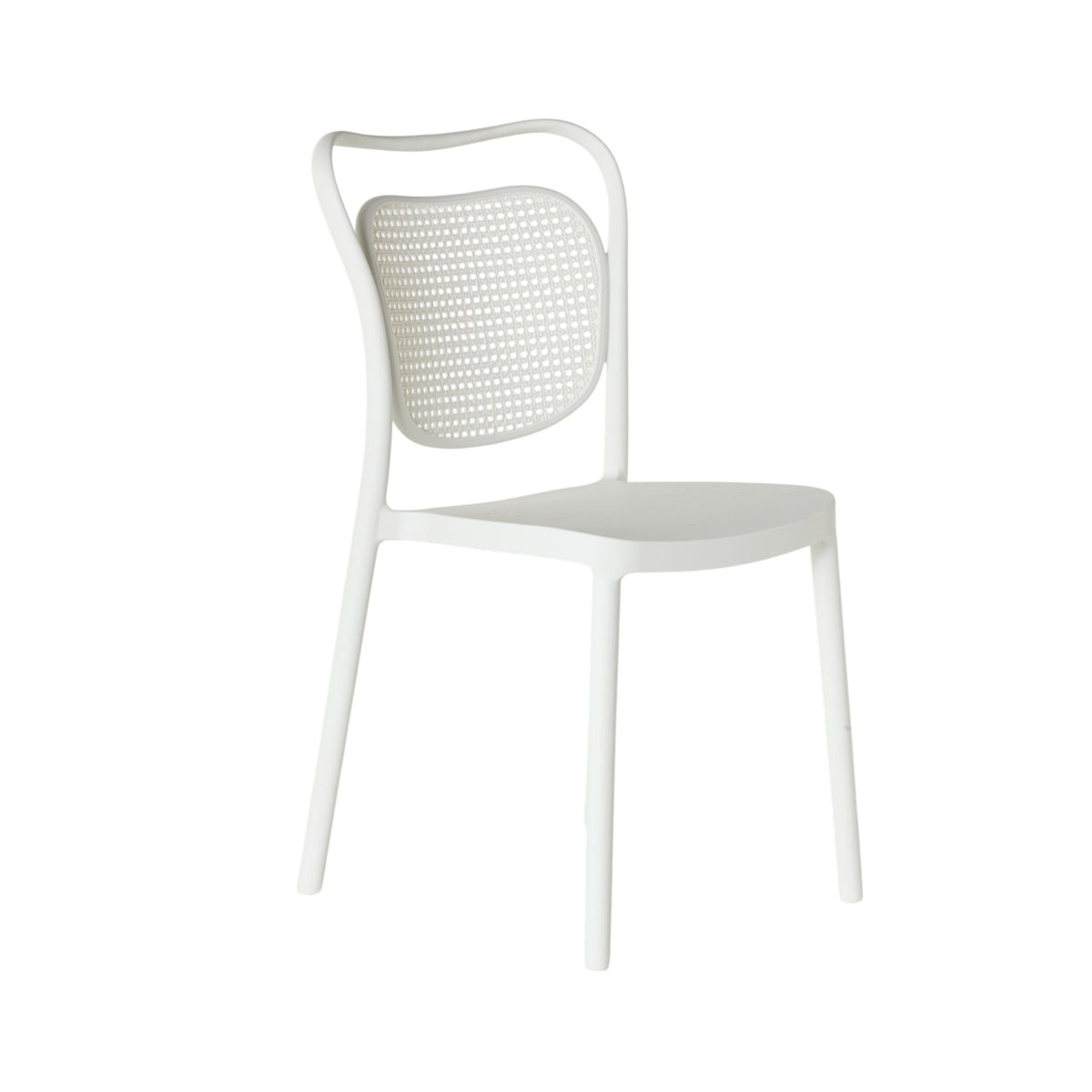 The Frankie Dining Chair White showcases a perforated backrest and smooth seat in durable polypropylene, displayed at an angle against a plain white background.