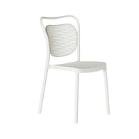 The Frankie Dining Chair White showcases a perforated backrest and smooth seat in durable polypropylene, displayed at an angle against a plain white background.