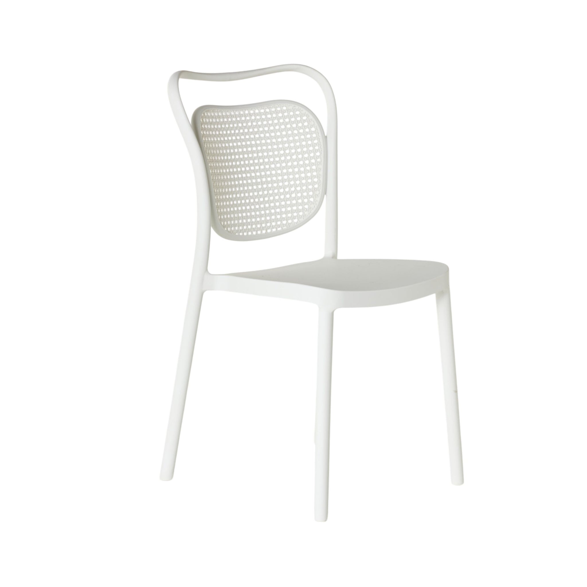 The Frankie Dining Chair White showcases a perforated backrest and smooth seat in durable polypropylene, displayed at an angle against a plain white background.