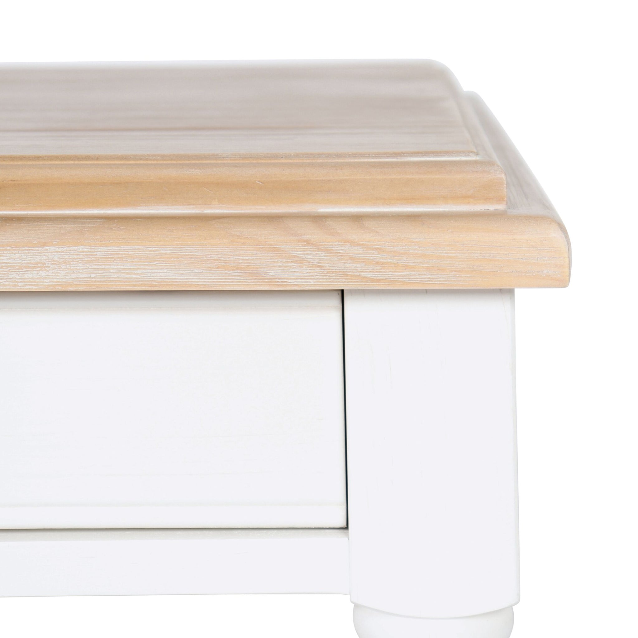 Close-up of the Clover 1 Drawer Timber Coffee Table, showing a light natural wood top and white painted body with a storage drawer.