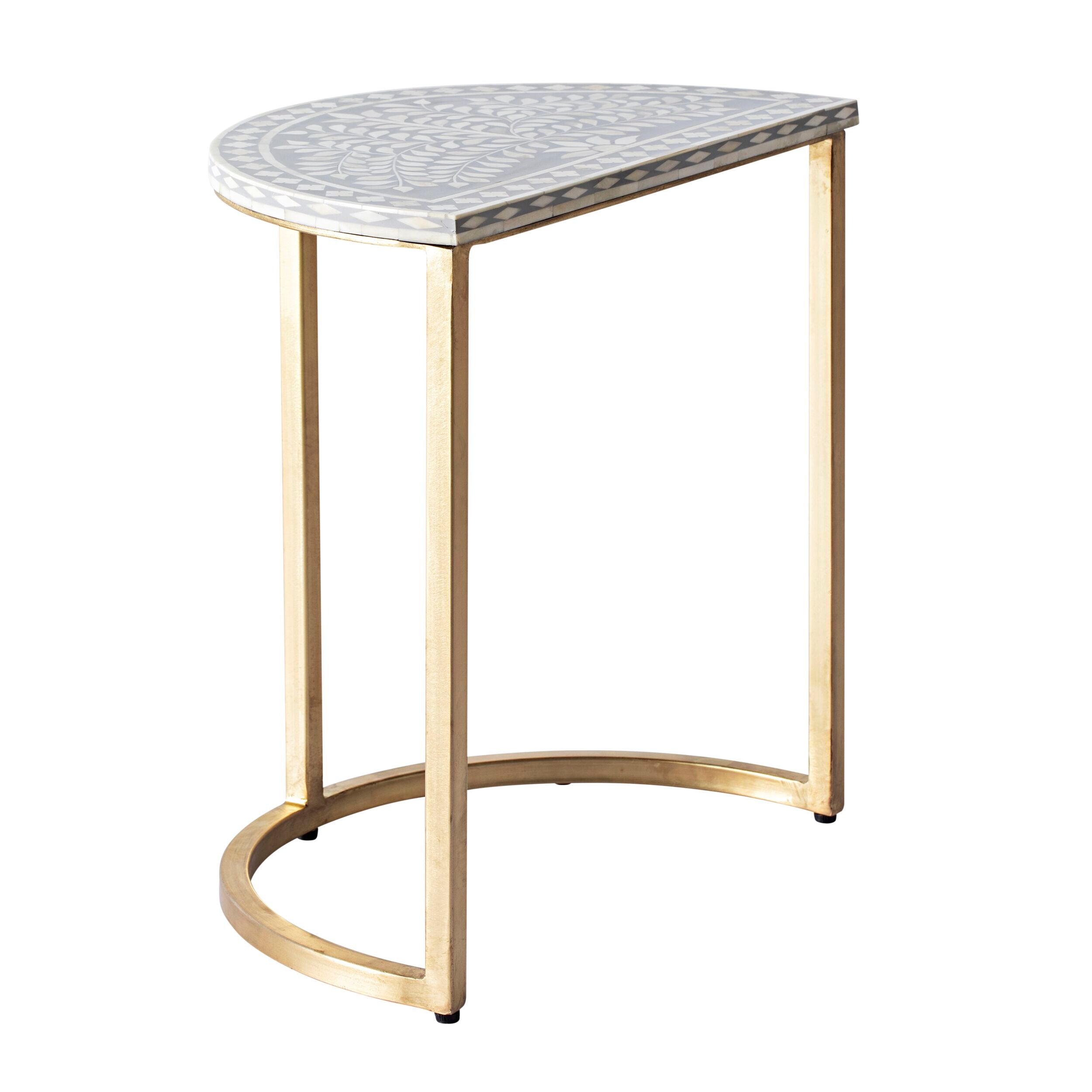 Bone Inlay Half Moon Side Table Grey with Gold Frame 53cm