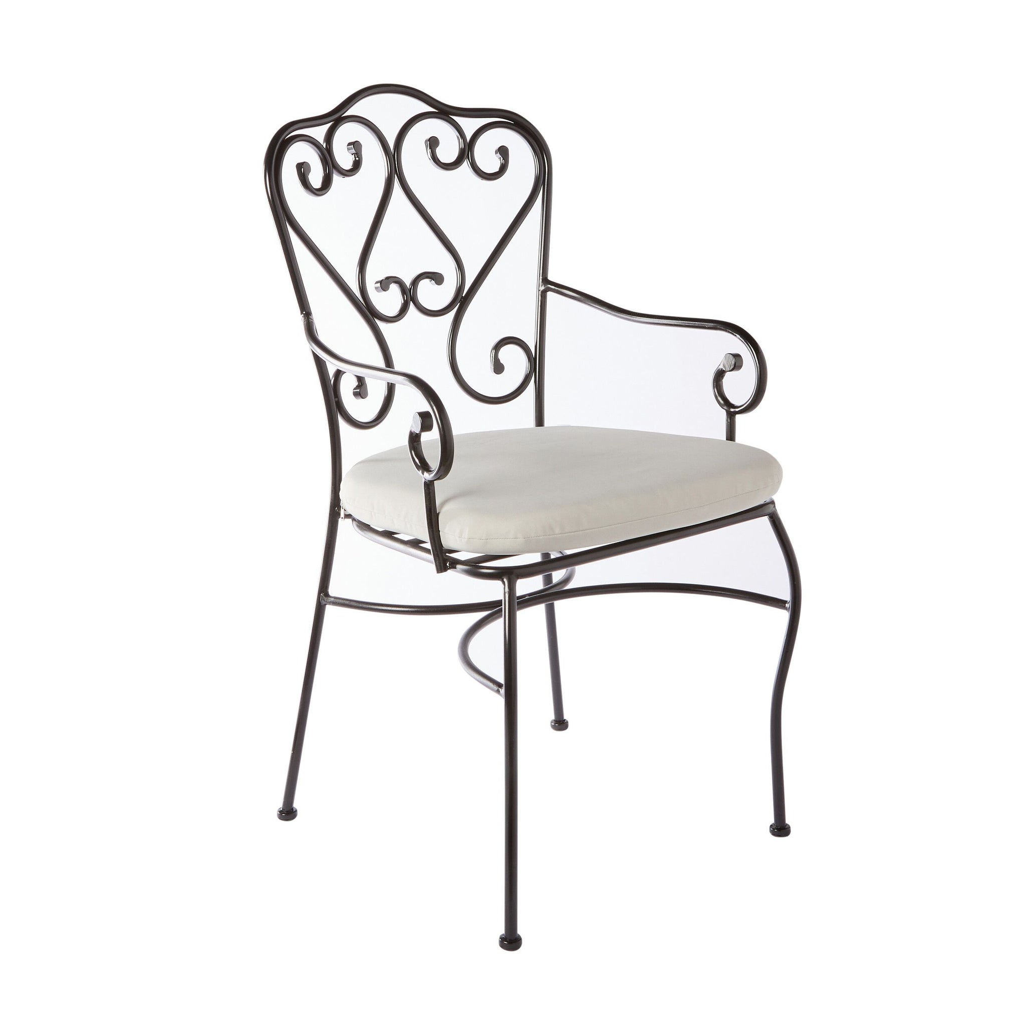 The Manette Outdoor Dining Chair Black M2 features an ornate scrollwork backrest, armrests, a white cushioned seat, and a durable powder-coated finish in French Provincial design, shown on a white background.