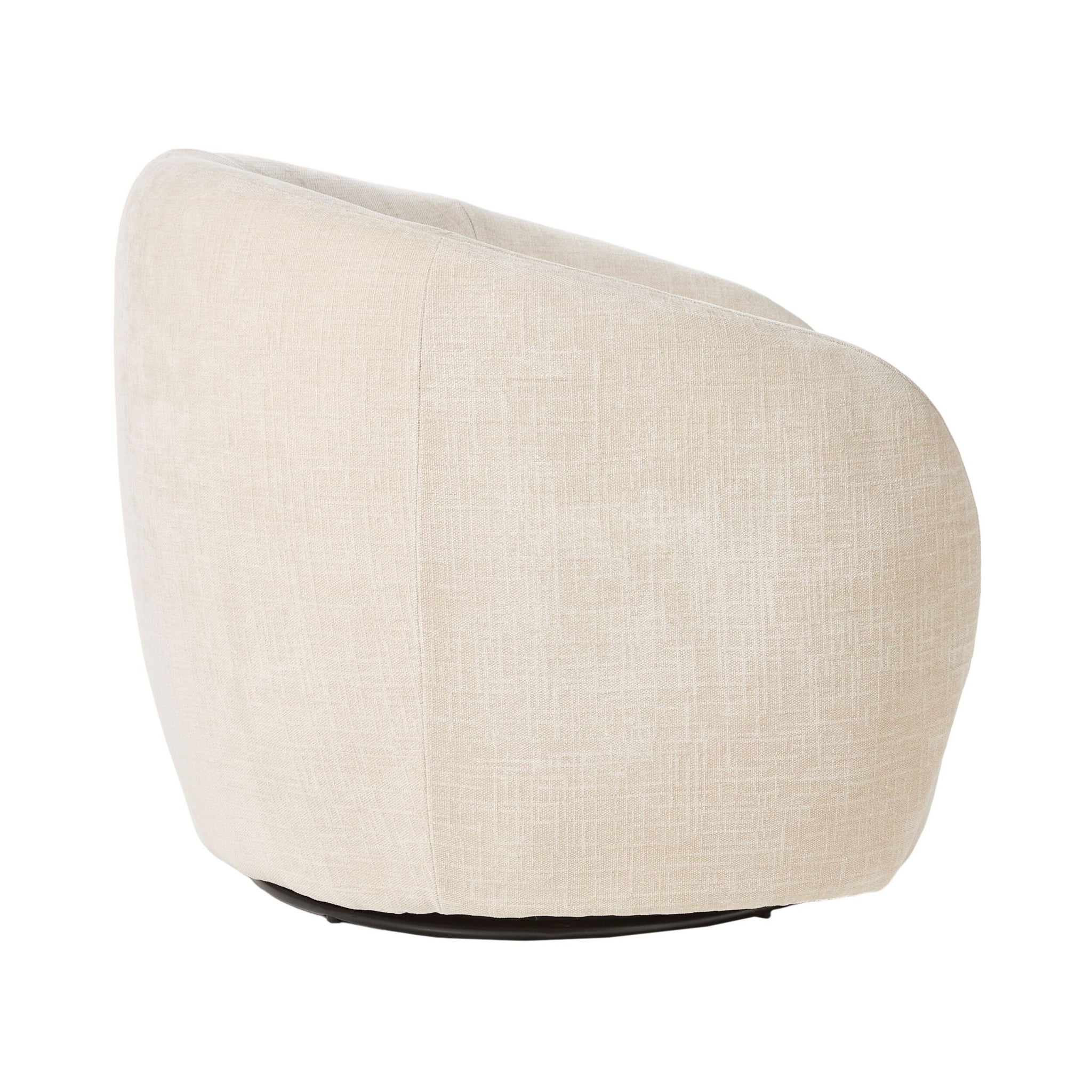 The Alessa Swivel Armchair Oasis Dune boasts chenille upholstery and a rounded back, adding elegance to your decor. Viewed from an angled perspective, it highlights its textured fabric and versatile swivel design.