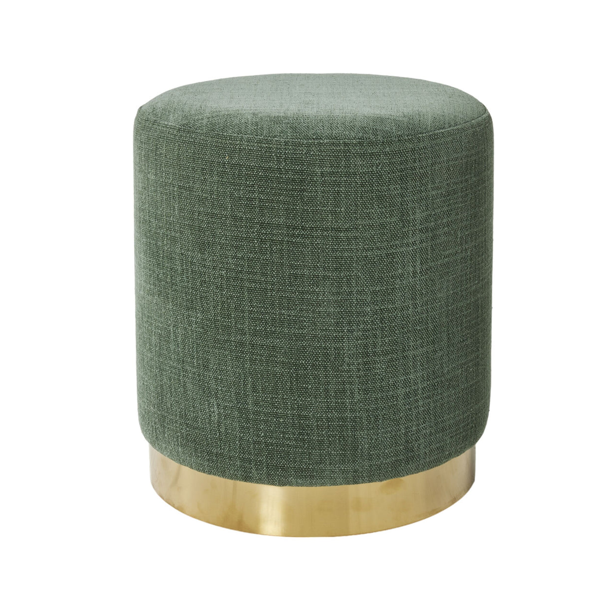 The Edie Round Ottoman Solace Moss showcases durable polyester fabric in textured green upholstery and a gold metallic base, combining versatile style and function, pictured against a white background.