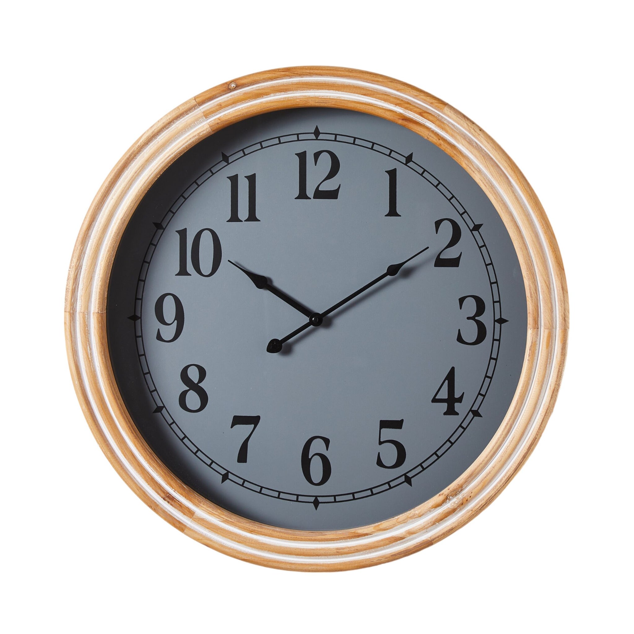 The BeyondTime Oswald Clock 60cm is a round wall clock with a durable wooden frame and timeless design. Its gray face features black numerals and hands, displaying 10:09, perfect for a coastal country style home.