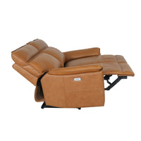 The Dillon 3 Seater Leather Recliner in Dakota Light Chestnut is shown fully reclined from the side, displaying its extended footrest, adjustable backrest, and elegant tan leather finish.
