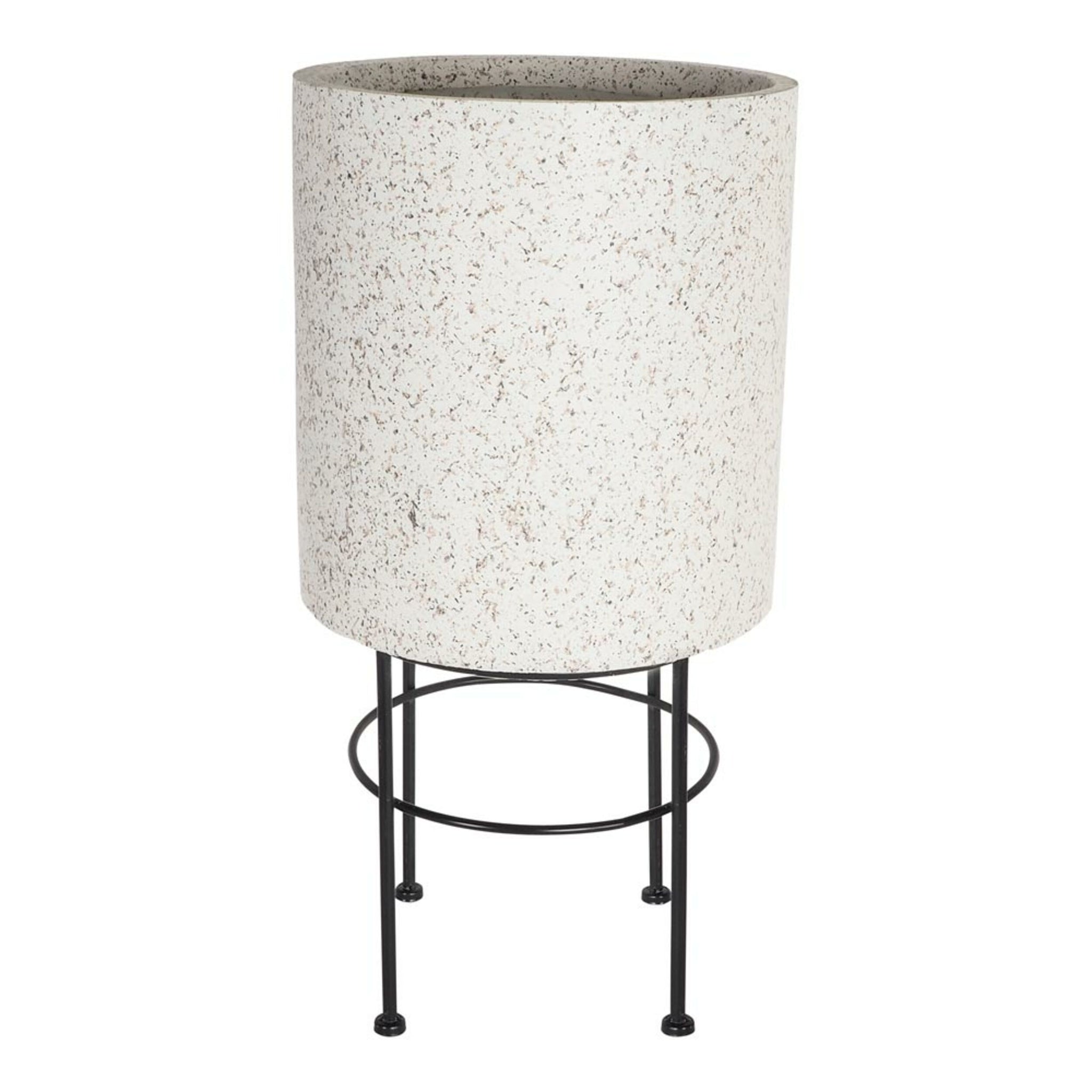 The Terrazzo Look Plant Stand Large 63.5x34cm features a tall cylindrical speckled planter on a four-legged black metal stand, offering a contemporary earthy aesthetic.