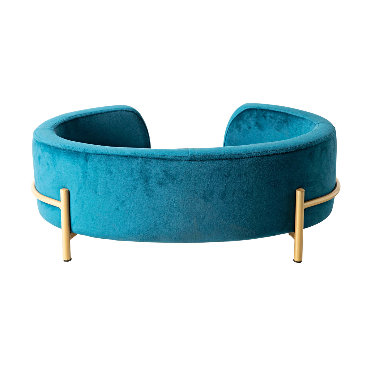 The Oval Velvet Pet Bed in Teal Blue (64x41x24cm) with a modern curved design and gold metal legs adds a touch of elegance, perfect as a luxurious bench or pet bed.