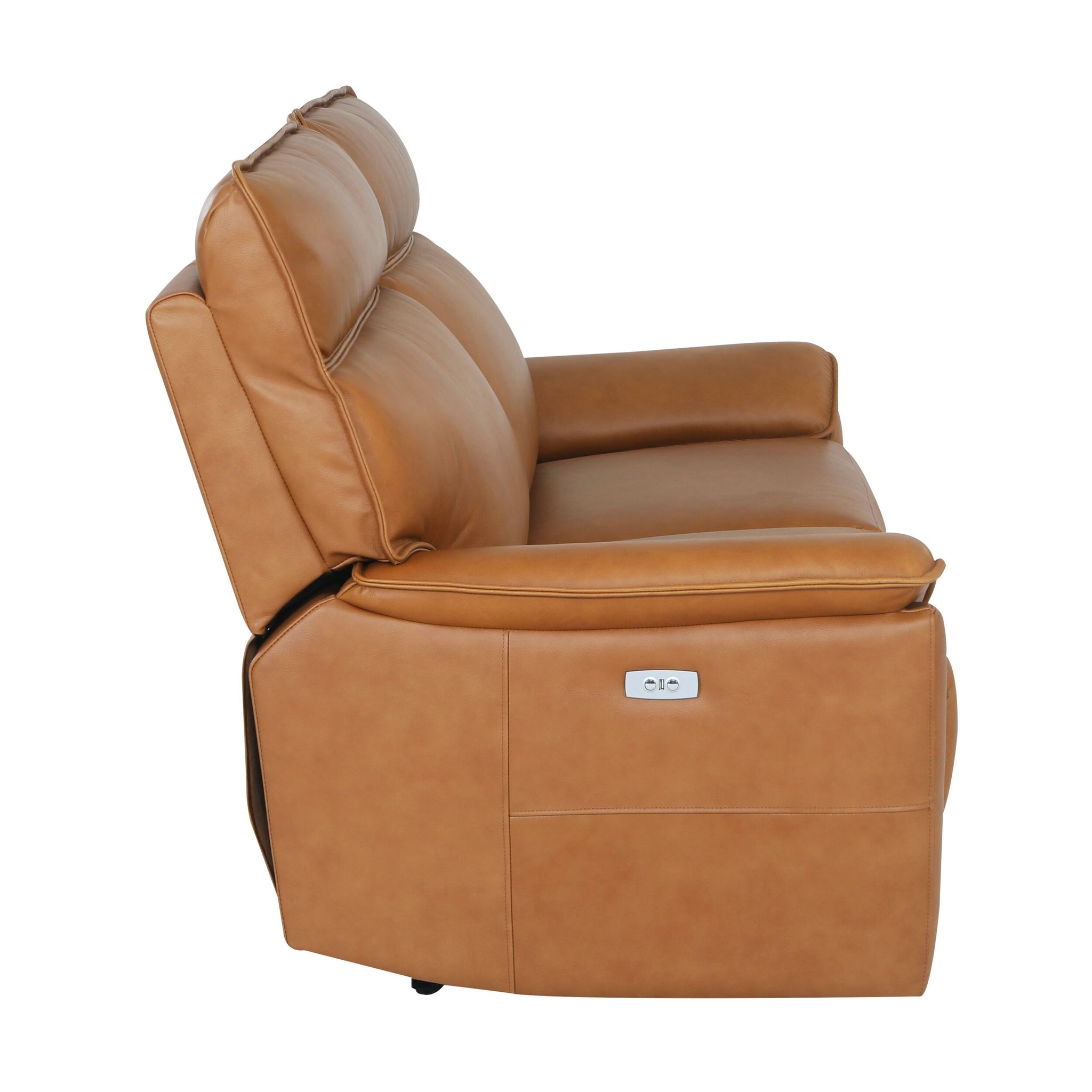 Side view of the Dillon 3 Seater Leather Recliner in Dakota Light Chestnut, featuring plush padded cushions and a side control panel—part of our leather recliner sofa collection.