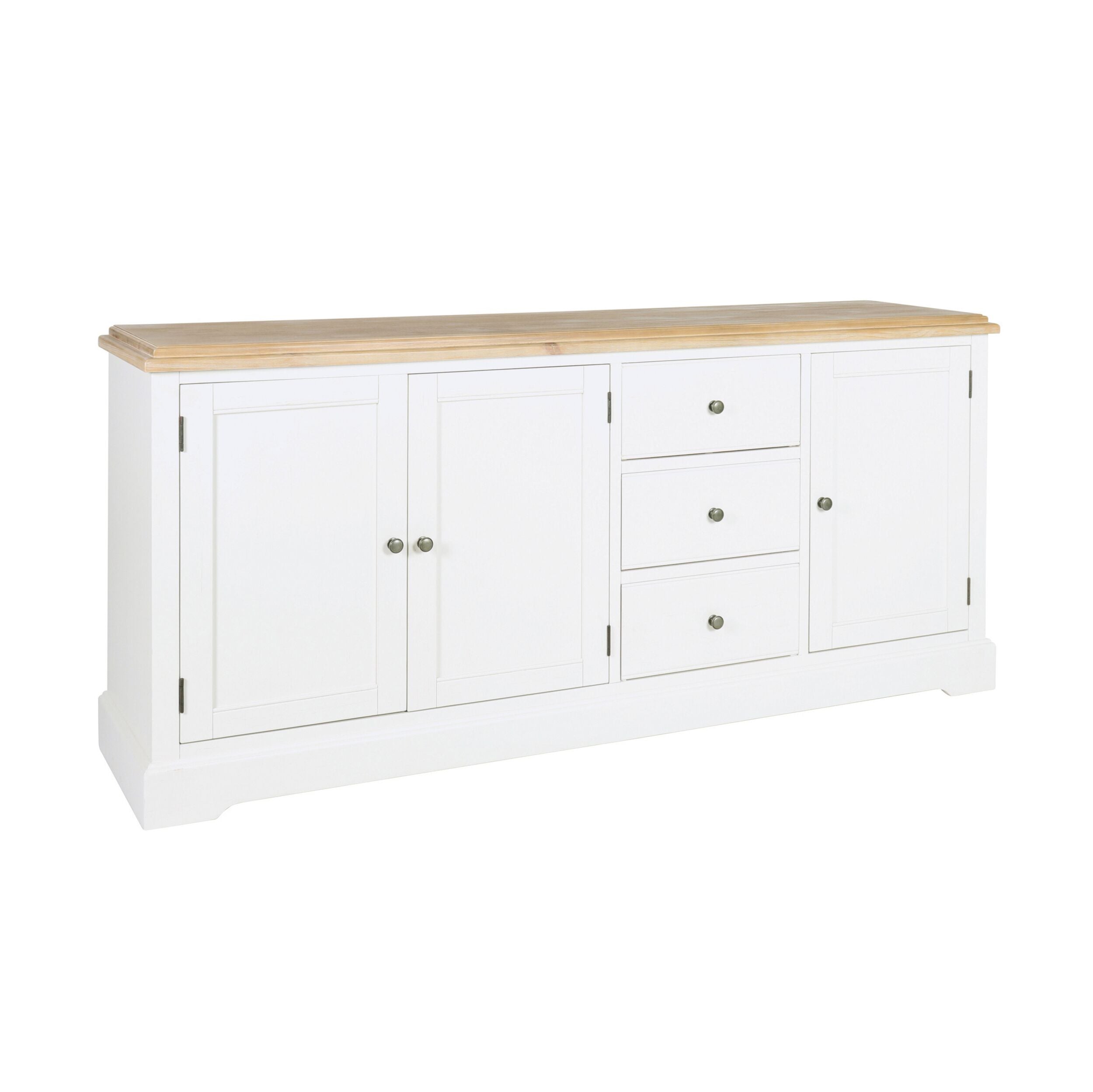 The Clover Large Sideboard embodies Hamptons coastal charm with its white wooden design and light wood top, featuring two cabinets and three drawers on the right.