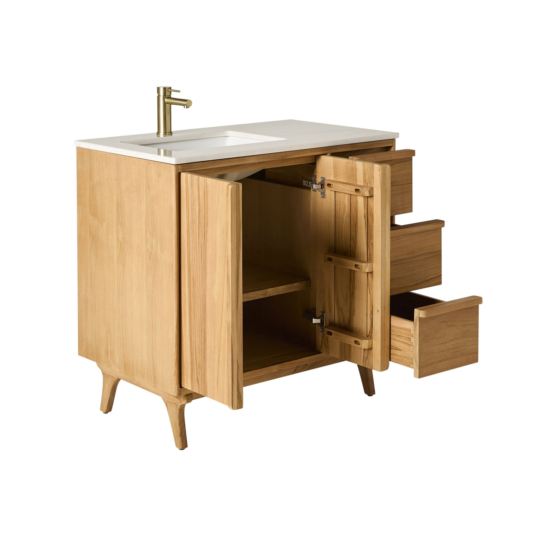 Remi Single Bathroom Vanity Teak with Stone Top 910mm Package