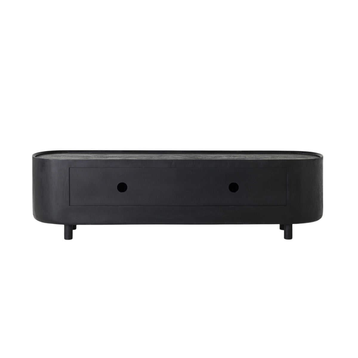The Aurora Entertainment Unit Black is a sleek TV stand with rounded edges, featuring two closed compartments for media storage. It stands on four short legs and showcases a sophisticated black sandblasted finish against a white background.