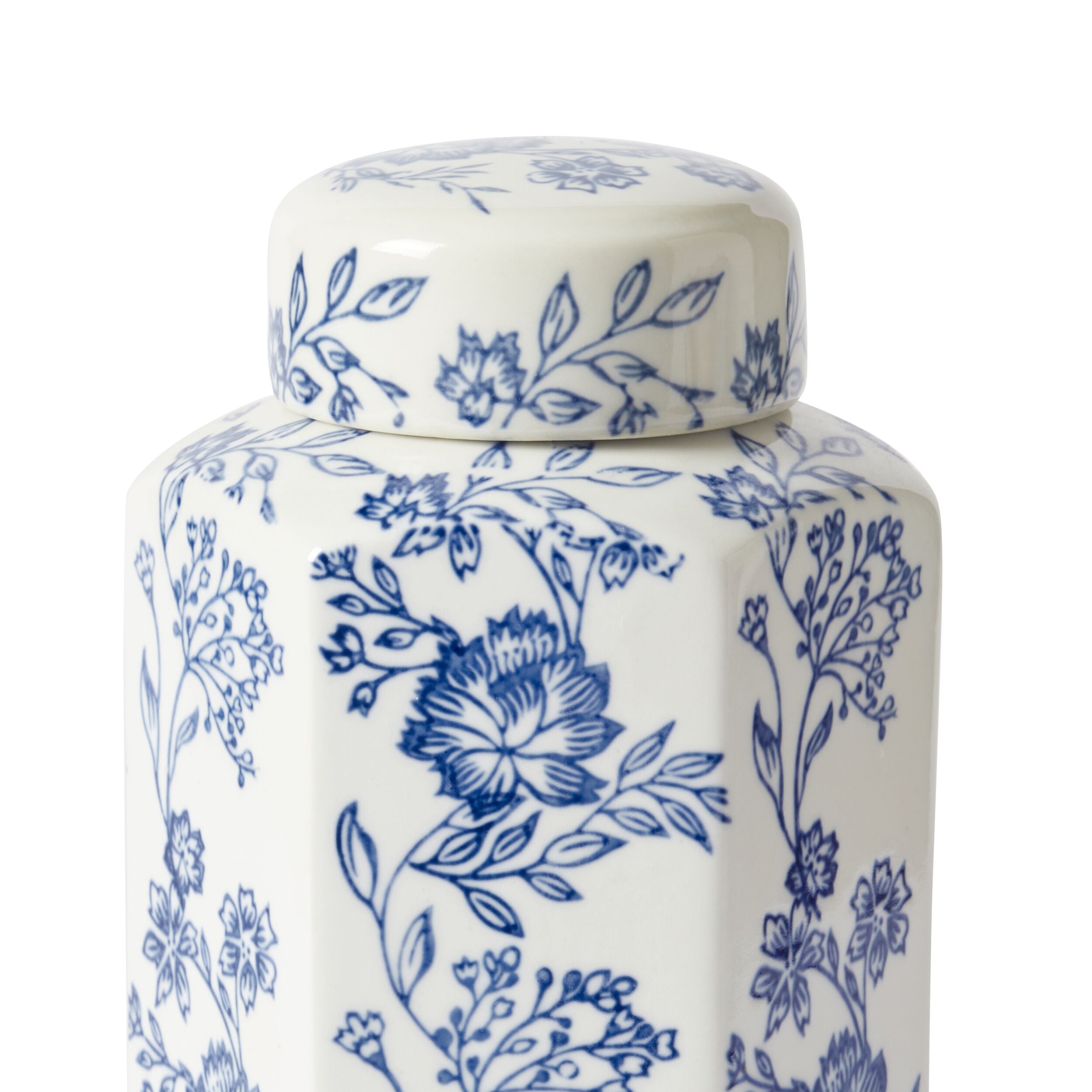 Claymont Flowers Hex Ginger Jar Blue And White 13X12X27cm