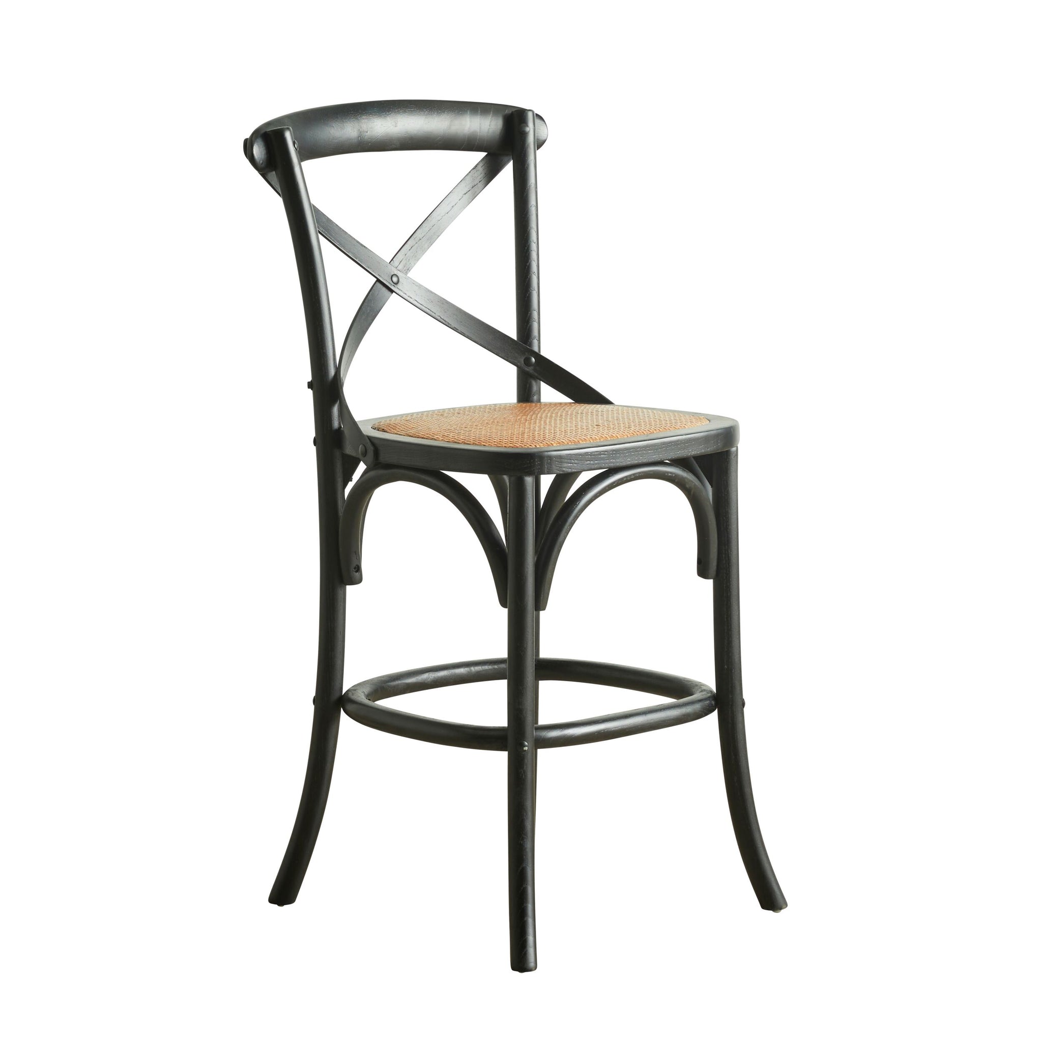 Provincial Cross Back Dining Stool Black features a wooden bar stool with a black frame and woven seat, highlighting a Parisian chic cross-back design.