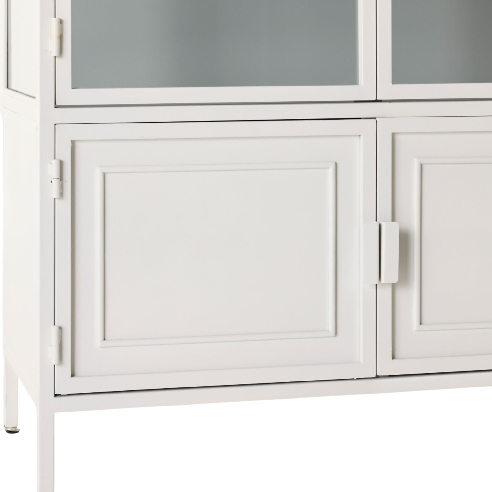 Modern storage solution: The Nero 6 Door Display Cabinet (135 x 40 x 160cm) in white & grey features sleek lower doors and frosted glass upper panels, creating a clean, contemporary look for your space.