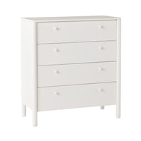 The Spintara 4 Drawer Chest White features simple round knobs and straight legs, offering practical bedroom storage with an elegant look that stands out against any plain background.