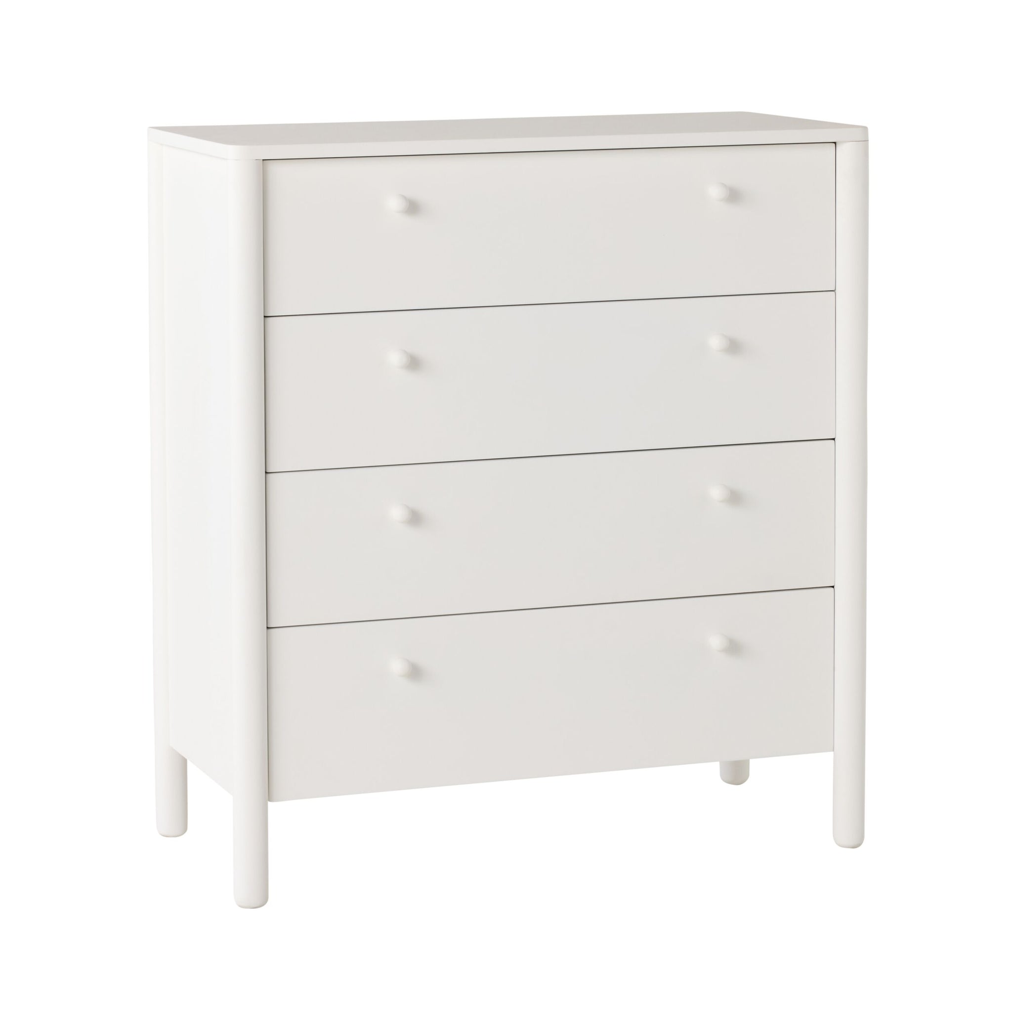 The Spintara 4 Drawer Chest White features simple round knobs and straight legs, offering practical bedroom storage with an elegant look that stands out against any plain background.