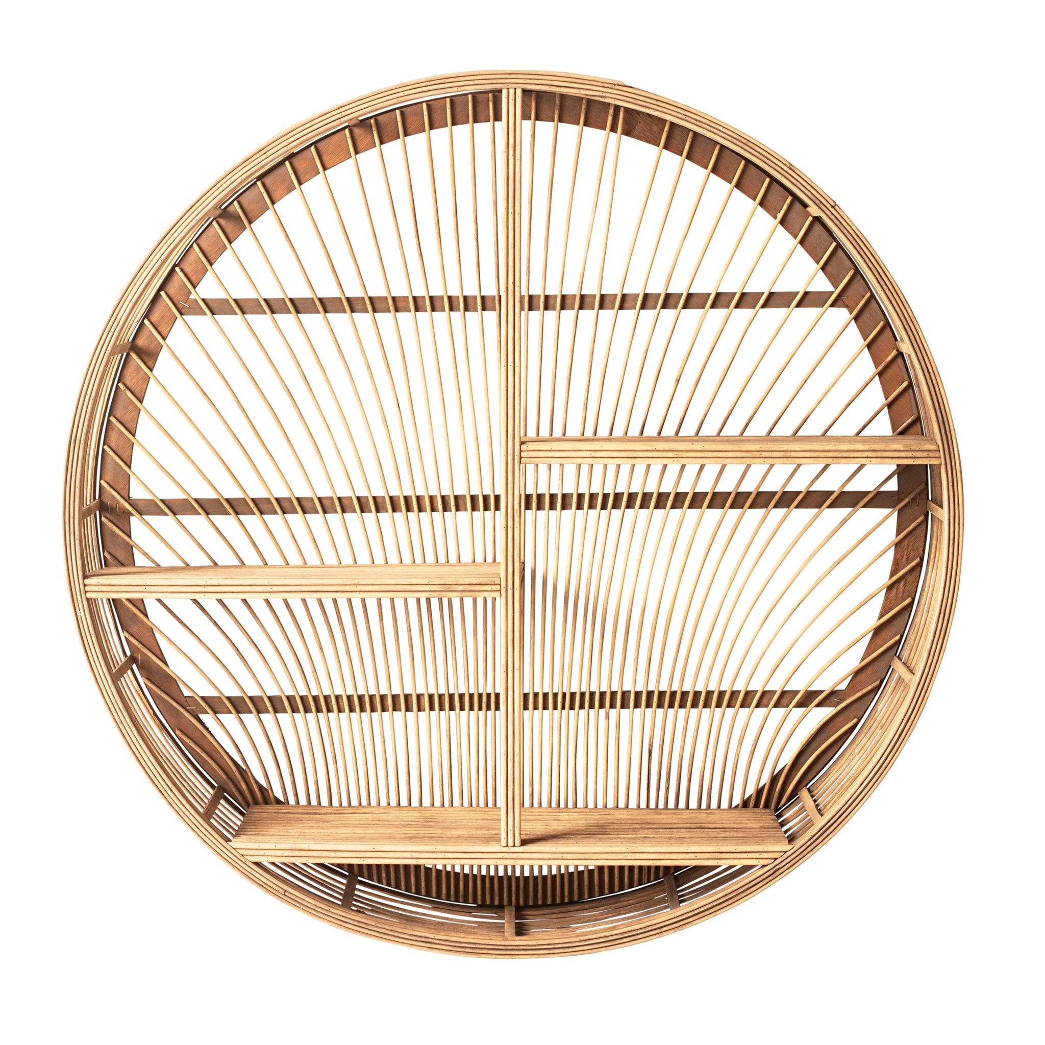 A round rattan shelf with four shelves