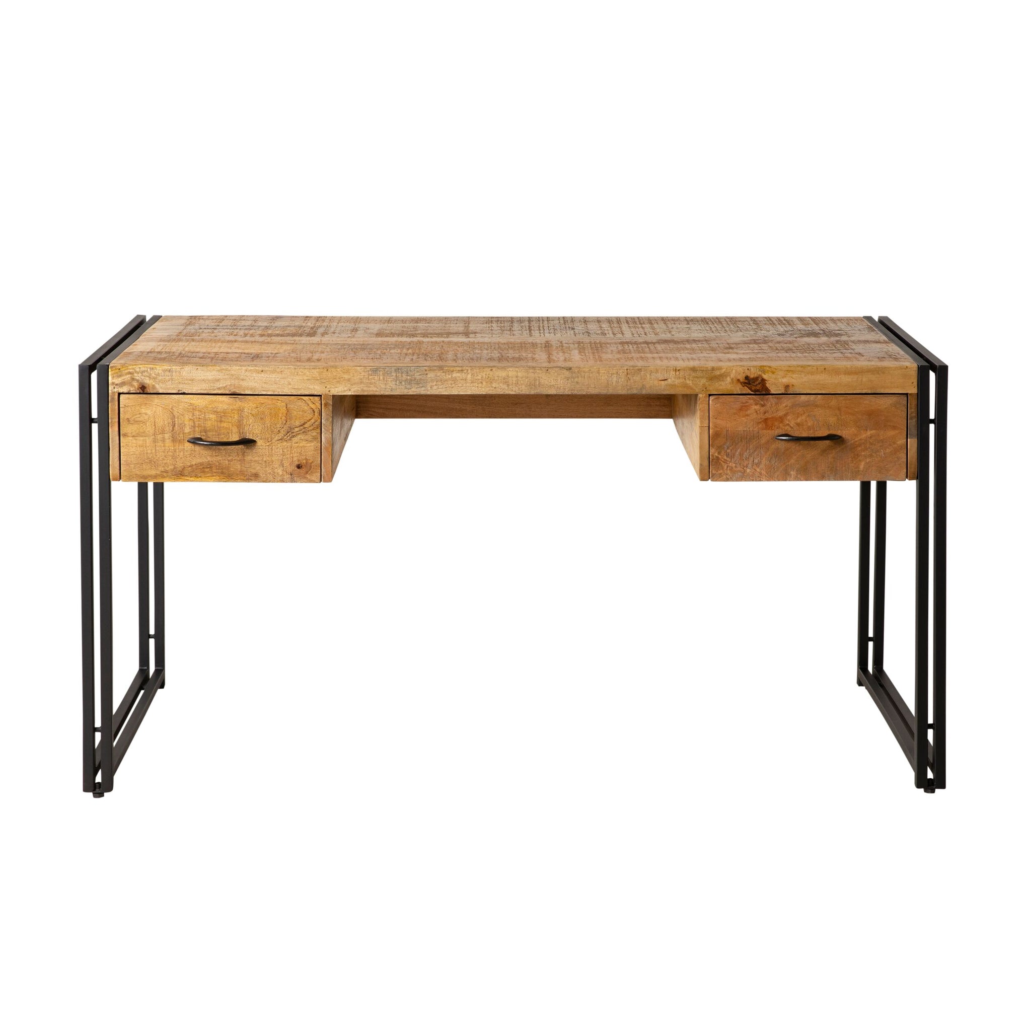 The Fulham 2 Drawer Desk features a rectangular mango wood top, two drawers, and black steel frame legs for a contemporary edge.