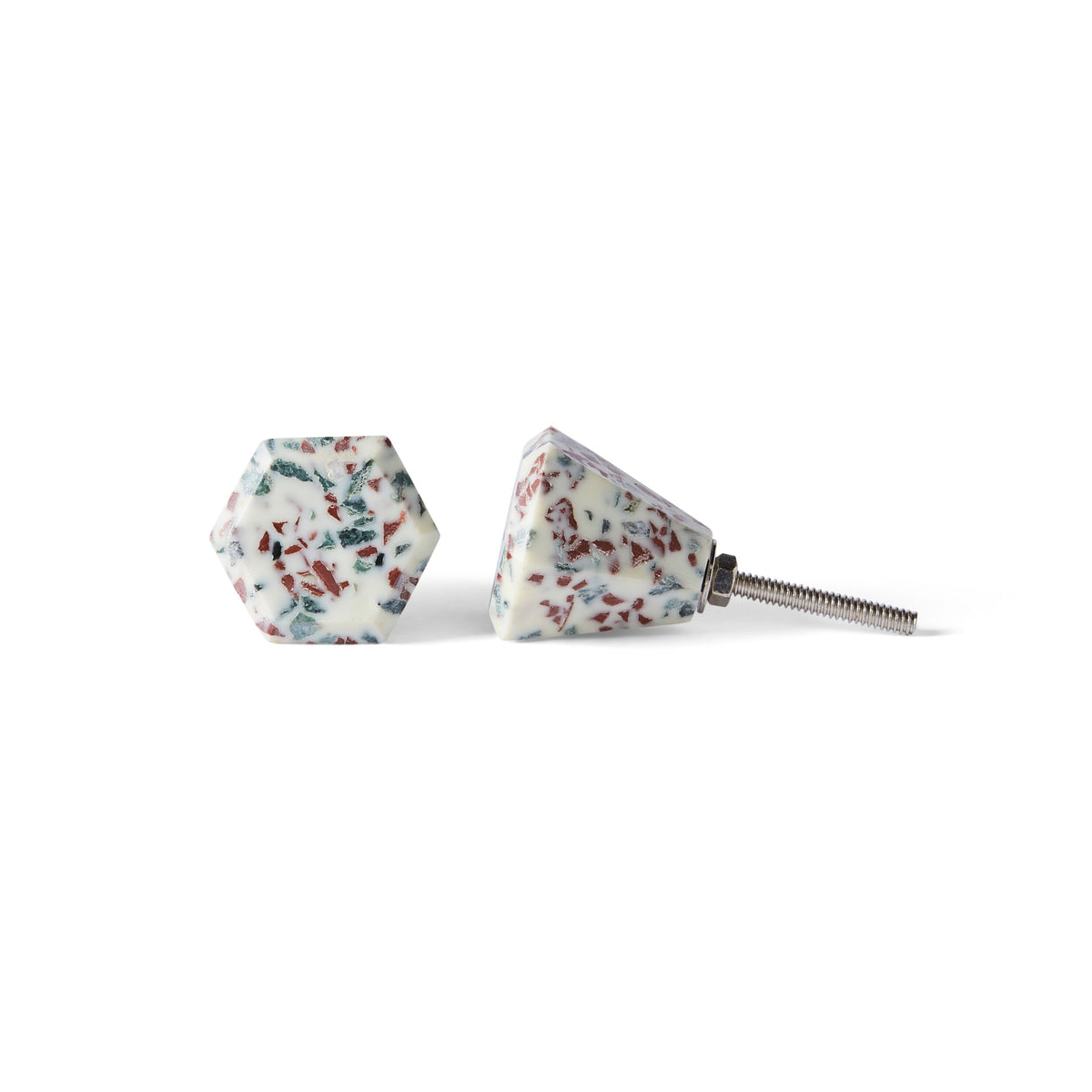 Add a stylish touch with Speckle Geo Knob 3.8cm—two hexagonal cabinet knobs featuring a white base with multicolored flecks and metal screw attachments, perfect as decorative Terrazzo-inspired hardware.