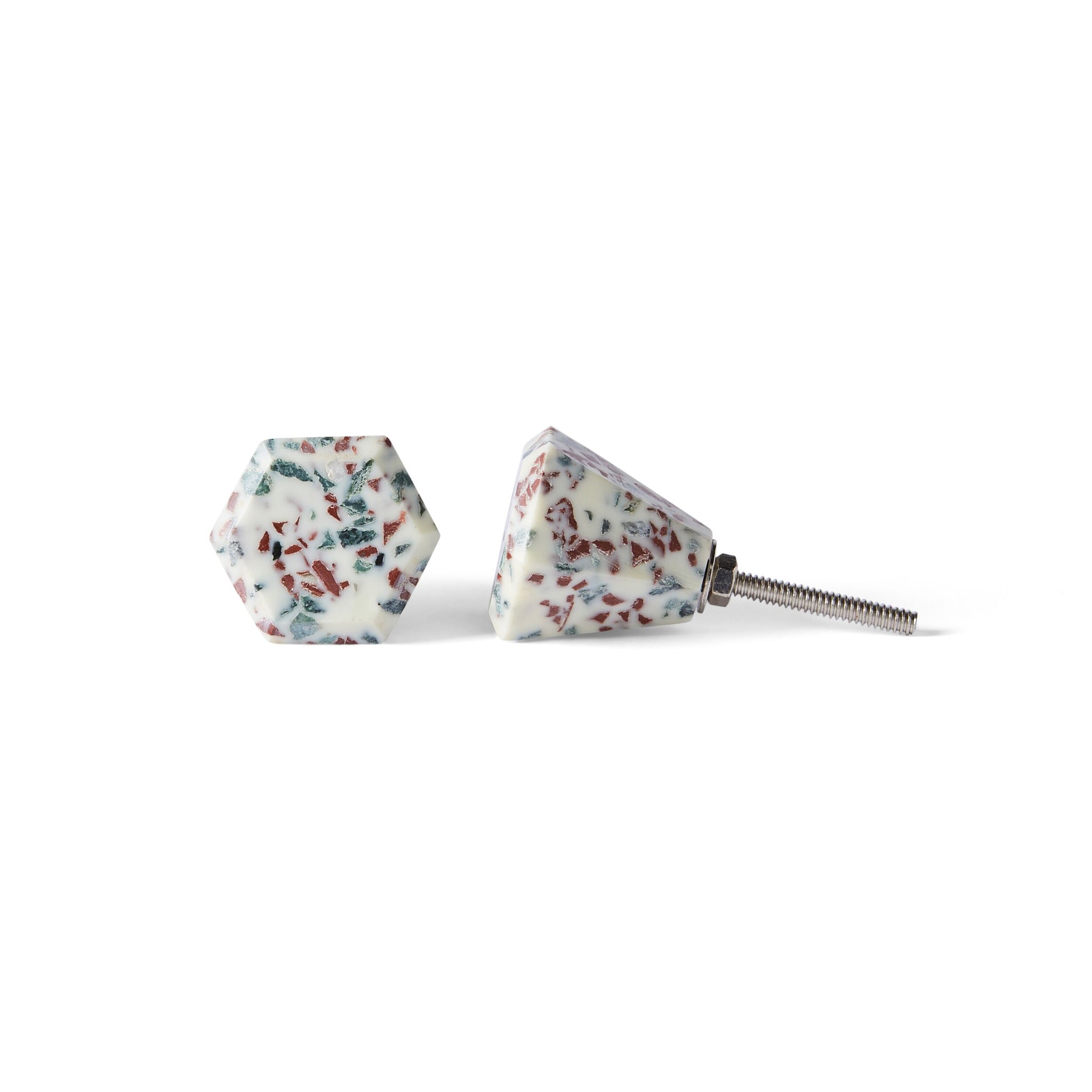 Add a stylish touch with Speckle Geo Knob 3.8cm—two hexagonal cabinet knobs featuring a white base with multicolored flecks and metal screw attachments, perfect as decorative Terrazzo-inspired hardware.