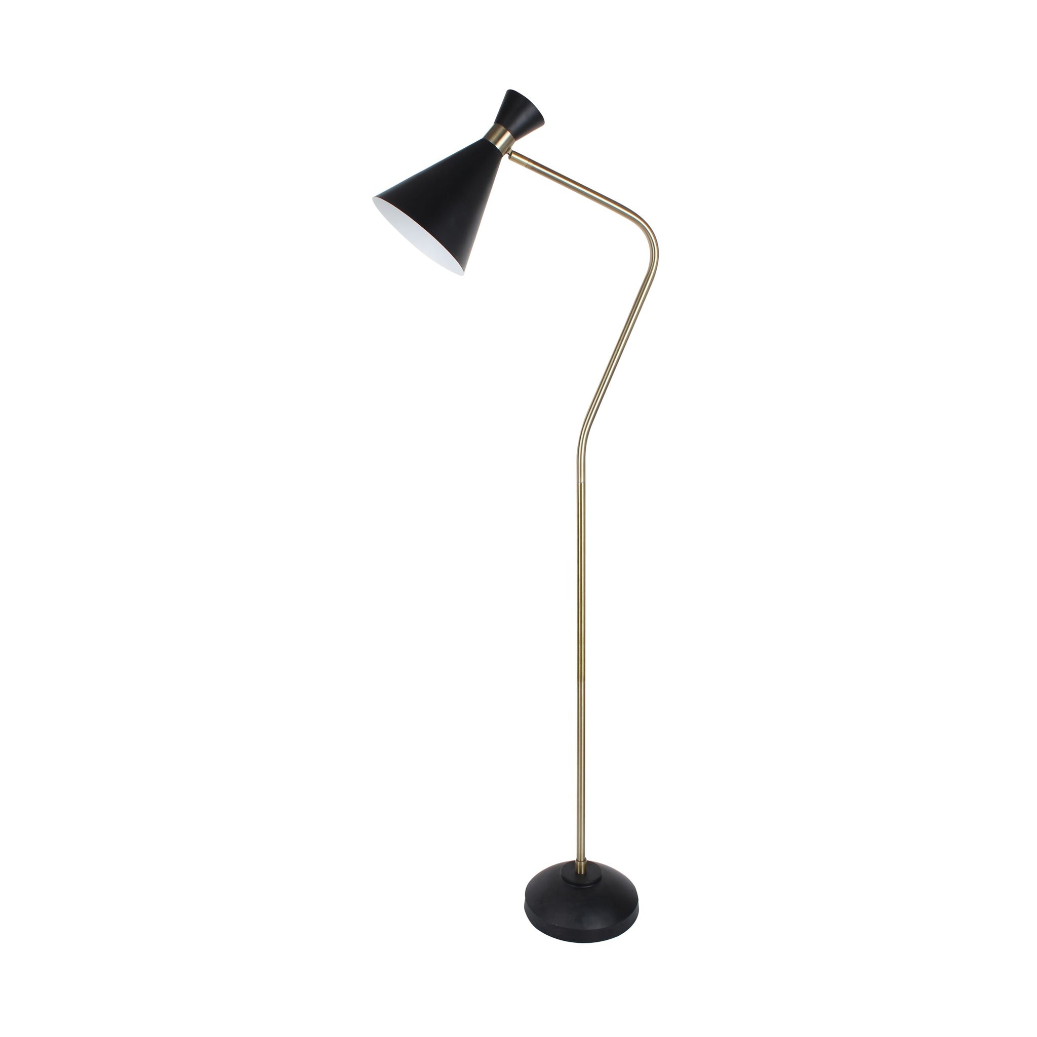 The Williams Trumpet Floor Lamp Black 168cm features a black conical shade, brass angled stand, and round black base, providing stylish lighting for any room.