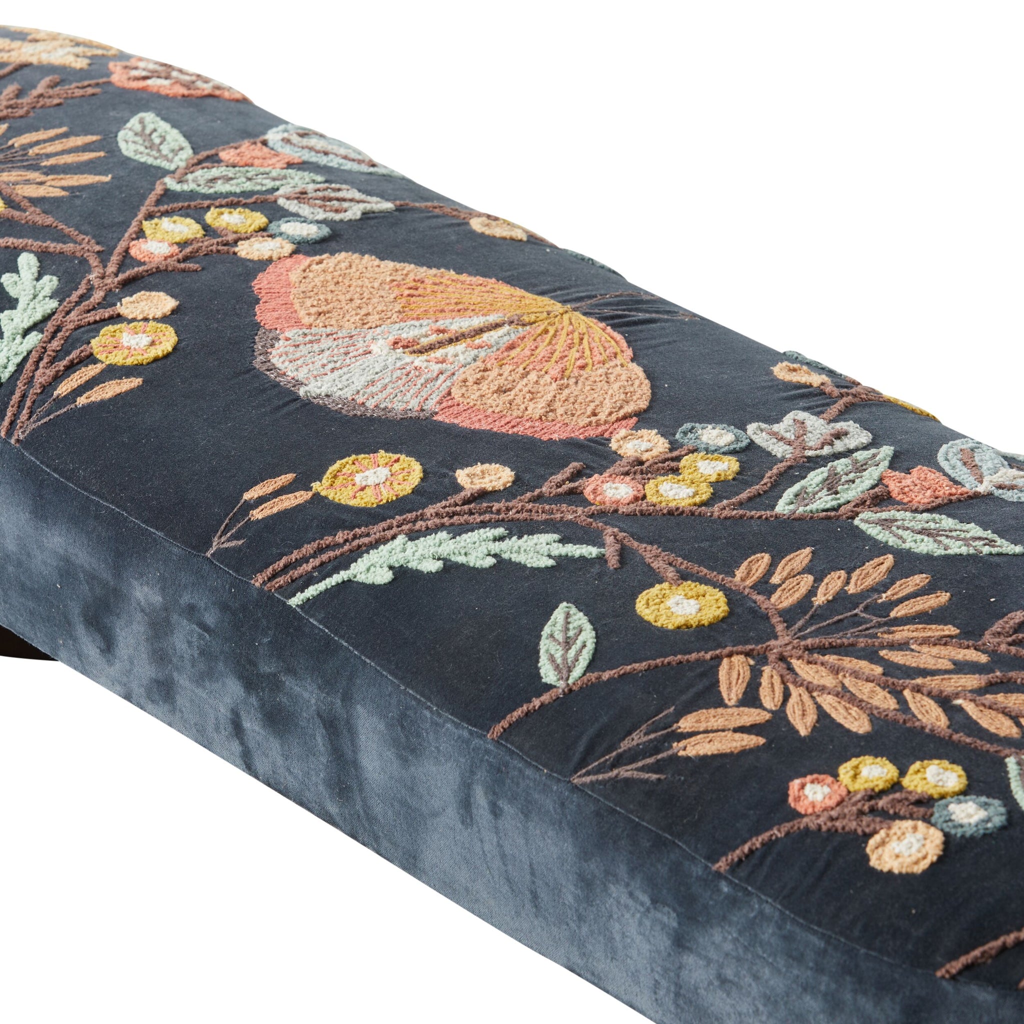 Freya Embroidered Bench Dark Blue Velvet