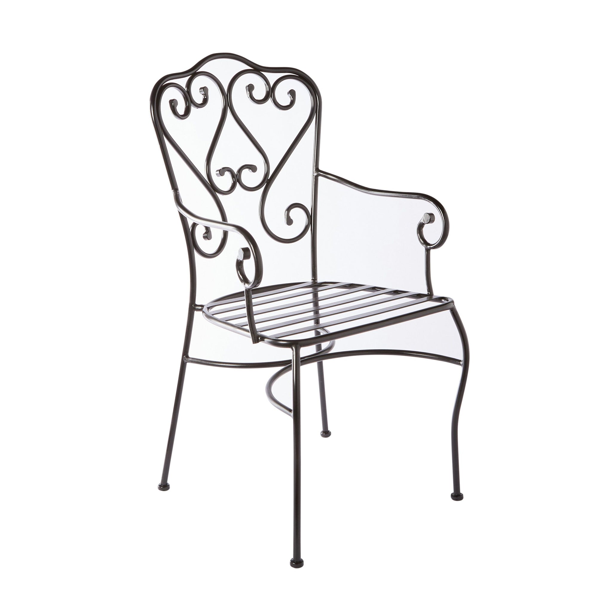 The Manette Outdoor Dining Chair Black M2 features a black metal frame, curved decorative backrest, armrests, and a durable powder-coated finish. Shown on a white background, it adds French Provincial charm to your outdoor space.