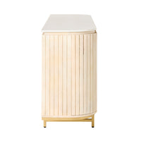 Side view of the Deva 4 Door Buffet (170 x 80 x 43cm), crafted from white wash mango wood with vertical slats, a white marble top, and a small gold base.